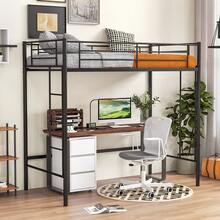 COSTWAY Metal Space-Saving Loft Bed Frame With Full-Length Guardrail, Black - Black - View 3