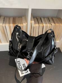 This Fashionable Modern Women's Shoulder Bag Features Metal Decorative Straps, A Unique High-End Design With Metal Buckle Details, And A Contemporary Commuter-Style All-Black Color Scheme. - Black - View 7