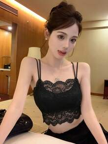 新款春夏返校季可爱性感蕾丝吊带背心，带衬垫胸部，纯色女士内衣吊带衫，休闲黑色 - 黑色 - 查看 2