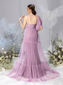 Faeriesty 優雅孕婦心形領洋裝 - 多層網紗裙，適合孕婦攝影、浪漫拍照與家庭聚會 - 藕粉色 - 查看 3