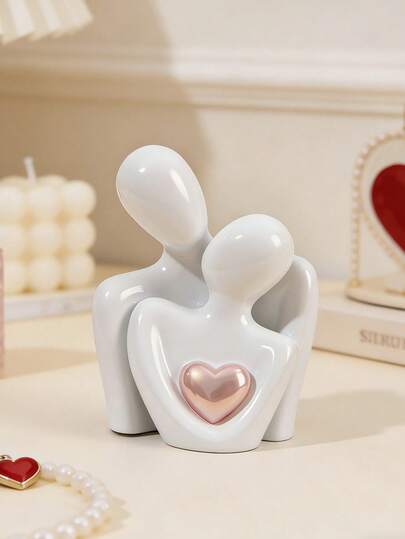1pc Romantic Heart Couple Resin Statue - Black White Abstract Lovers Figurine With Pink Heart | Valentine's Day Home Decor For Living Room Shelf, Bedroom Dresser, Coffee Table | Aesthetic Desktop Ornament, Wedding Anniversary Gift, Modern Art Sculpture For Entryway, Sweet Home Accent Piece