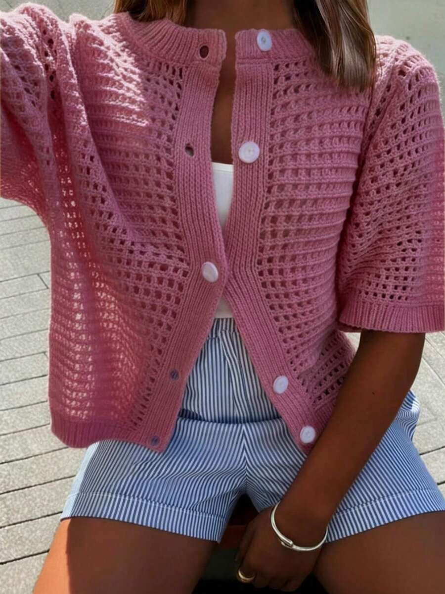 Áo khoác cardigan dệt kim tay ngắn cổ tròn mới cho mùa hè, kiểu dáng rộng rãi, khoét lỗ, mỏng, cài nút, màu hồng, thích hợp cho đi mua sắm, dạo phố, đi chơi, lễ tốt nghiệp, tiệc tùng mùa xuân.