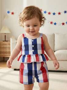 4th Of July Toddler Girl Outfit Strip Star Printed Sleeveless Tops Elastic Waist Shorts Girls Summer Clothes - 紅色 - 查看 8