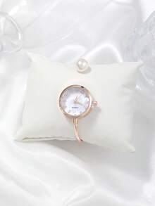 1 Women's Fine Fiber Bracelet, 1 Large Pearl, Diamond Cut Glass Rhinestone Dial, Minimalist Quartz Watch Bracelet, Watch - Rose Gold - View 3