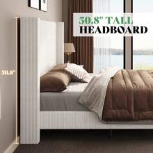 Queen/King/California King Size Platform Bed Frame With 50.8" Corduroy Upholstered Bed, Vertical Channel Tufted Wingback Headboard, Wooden Slats Support, No Box Spring Required - White - View 6