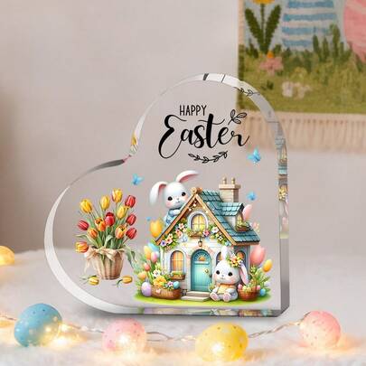 1pc Acrylic Heart-Shaped Decor, Rabbit & Floral House Design, Home Office Party Desktop Decoration, Spring Decor