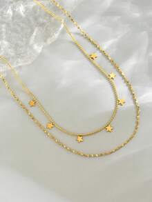 1pc Stainless Steel Multilayer Star Pendant Necklace, 18K Gold Plated Fashion Elegant Necklace Simple Clavicle Necklace, Suitable For Women Daily Wear Or Gift Giving - Gold - View 3