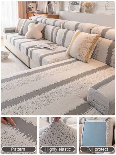 1 PC Time Collector Stripe Shake Fleece Solid Color Sofa Cover Full Pack Elastic Three Seater One Noble Consort Non Slip Anti Cat Scratch Cushion Protective Cover Sofa Hat,Living Room 1/2/3/4 Seat Sofa Cover