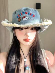 SANRIO 1顶可爱卡通水洗牛仔布毛边渔夫帽，时尚遮阳徒步帽，适合日常佩戴 - 彩色 - 查看 4