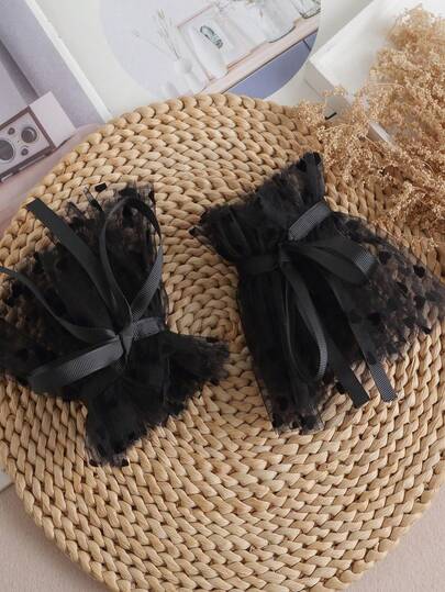 1 Pair Women's Black Mesh Heart Flocked Ruffle Decor Short Breathable Gloves, Sweet & Spicy Style For Daily Wear, All Seasons