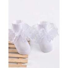 1 Pair Girls Solid Color Ruffle Trim Cute Casual Ankle Socks - trắng - Xem 2