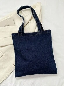 浅色水洗牛仔布帆布单肩包，多口袋通勤手提包，女士大容量手提包，带内袋，柔软可水洗 - 藏蓝色 - 查看 4