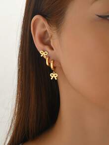 3对简约不锈钢蝴蝶结吊坠耳环套装，法式奢华日常百搭耳环，女士款 - 多色 - 查看 2