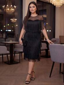 SHEIN Lady Plus Size Summer Elegant Splice Mesh Tassel Trim Bodycon Dress Cruise Outfits Women - Black - View 5