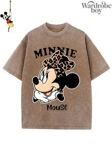 Disney Printed Wash Water T-Shirt,Disney Leopard Print Minnie Pattern T-Shirt,Unisex,High-Quality Pure Cotton T-Shirt,Suitable For All Seasons, Comfortable And Breathable| Exquisite Design | The Best Choice For Giving Gifts - Khaki - View 1
