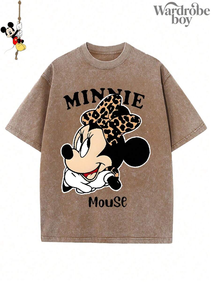 Disney Printed Wash Water T-Shirt,Disney Leopard Print Minnie Pattern T-Shirt,Unisex,High-Quality Pure Cotton T-Shirt,Suitable For All Seasons, Comfortable And Breathable| Exquisite Design | The Best Choice For Giving Gifts - Khaki - View 1