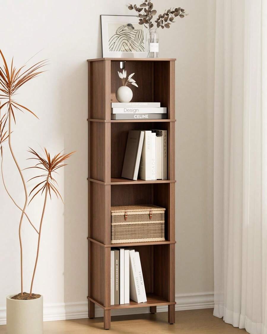 mit 4 Ebenen, Bücherschrank, Eckregal, Aufbewahrungsregal für Wohnzimmer, Büro und Schlafzimmer,Nussbaum - Nussbaum - Übersicht 1