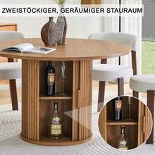 Mesa de comedor redonda de 120 cm para 4-6 personas, mesa de comedor redonda con barandilla de madera, con dos compartimentos de almacenamiento, mesa de comedor moderna de estilo rústico para cocina, sala de estar - Nuez - Ver 5