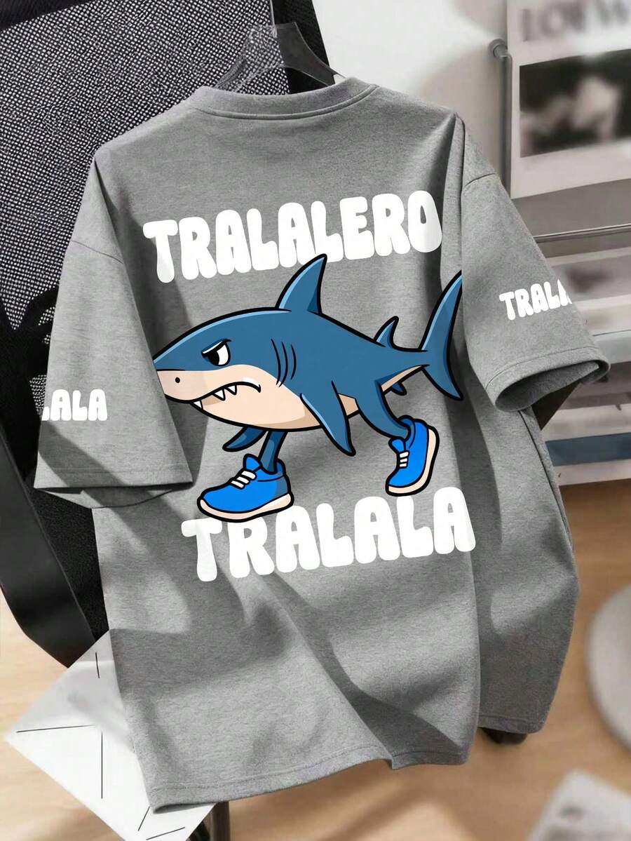 Jugend Kurzarm Rundhals T-Shirt, weißes Buchstaben- & Hai mit Schuhen Muster, bequeme Frühlings-/Sommer Kleidung für Jungen - Grau - Übersicht 1