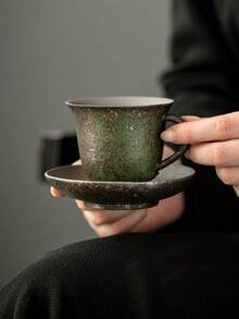 1pc/1pc/2pcs Handmade Ceramic 150ml Latte Coffee Cup, High-Quality Porcelain Saucer Set, Couple Drinking Water Cup, Personalized Milk Malt Breakfast Cup, Creative Latte Art Office Mug With Saucer - Multicolor - View 7