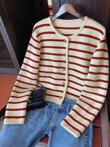 Elegant Striped Crew Neck Knit Cardigan, Versatile Fashion Casual Sweater, Retro Commuter Jacket For Women, Autumn - Red - View 5