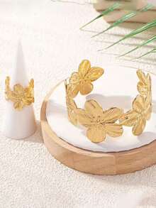 2pcs Fashionable Chic Golden Flower Bracelet & Ring Set, Jewelry Suit For Women, Suitable For Party, Gathering, Daily Commute, Dating - Yellow Gold - View 6