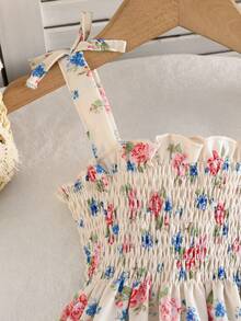 女婴碎花吊带连衣裙，蕾丝边收腰吊带裙，乡村风，夏季 - 粉色 - 查看 4