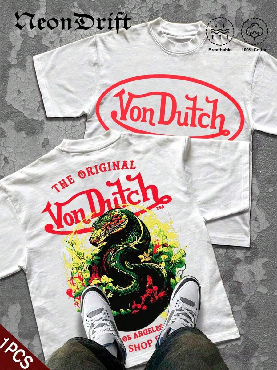 NeonDrift Double-Sided Printing Men's T-Shirt Men's Short-Sleeve T-Shirt100% Cotton Fabric Soft & Skin-Friendly Unisex Style Gifts For Spring Festival, Valentine's Day, St. Patrick's Day & World Cup-Van Dutch Dragon Print Men T Shirt Classic Americana Style Graphic Tee Streetwear Fashion Casual Wear For Car Enthusiasts And Vintage Culture Lovers - 白色 - 查看 1