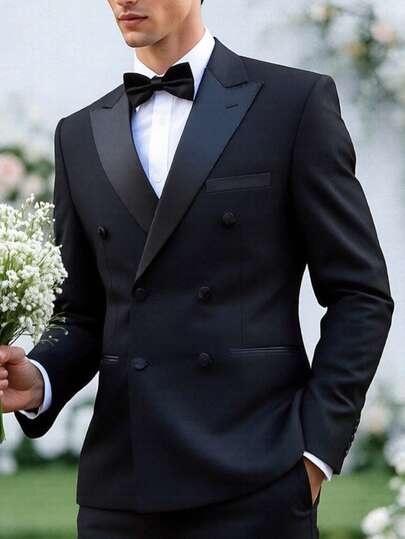 1pc Men's Double-Breasted Tailcoat Suit Jacket - Black Tuxedo Jacket With Notched Lapel For Wedding, Party, Performance, Hosting