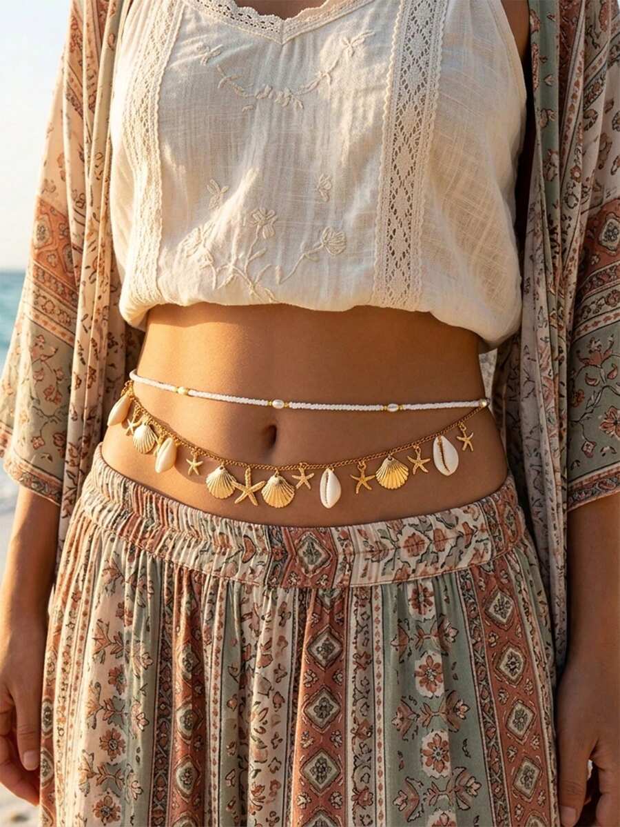 2pcs Bohemian Faux Pearl Pearl, Shell, Starfish Pendant Waist Chain Set, Suitable For Beach, Vacation, Casual Wear - Gold - View 1