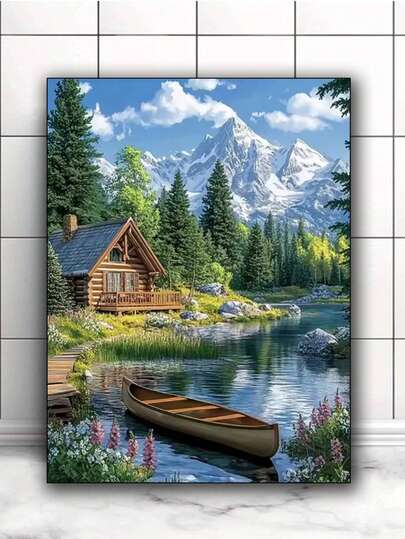 钻石马赛克船 适合初学者 山景全圆钻石画 房屋风景 DIY 套件 刺绣 河流 墙面装饰