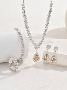 3件套银色金属镶钻项链、耳环和手链首饰套装，新娘婚礼配饰 - 734783424-2香檳色套裝 - 查看 4