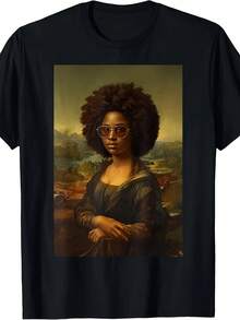 Camiseta Negra con la Mona Lisa Afroamericana para el Mes de la Historia Negra - Camiseta Gráfica Vintage de Estilo Urbano Hip-Hop con Cuello Redondo, Algodón Grueso de 220GSM, Camiseta Casual Unisex para Hombres y Mujeres - Negro - Ver 1