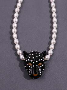 Exaggerated Pink Enamel Leopard Head Pearl Pendant Necklace, Retro Y2K Women's Choker Necklace, Suitable For Daily Wear, Party, Vacation, Street Photography - Multicolor - View 10