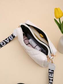 Double-Zipper One Shoulder Bag For Women, Minimalist Fashion Quilted Embroidery Crossbody Bag, Versatile Large Capacity Small Handbag - White - View 2