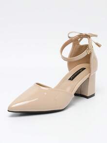 Women's Pointed Toe Suede Hollow Out Bowknot Chunky Heel Pumps, Versatile For Daily, Work, Business, Commute, Black, Plus Size - Patent Leather Apricot - View 6