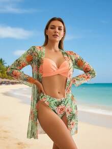 3-Piece Bikini Swimsuit Set With Positioning Print, Beachwear And Women's Vacation Fashion - Naranja 1 - Ver 2