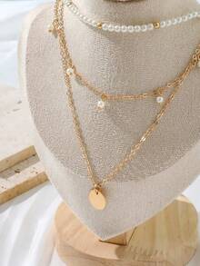 1 buah Kalung Mutiara Imitasi Berlapis Gaya Bohemian, Kalung Choker Liontin Cakram Manik-manik CCB untuk Wanita - Emas - View 2