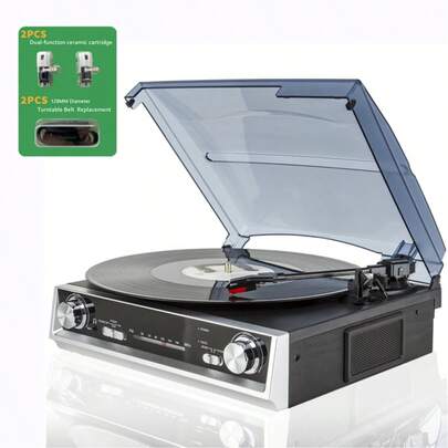 A Vinyl Record Player Comes With 2 Belts And 2 Styli, A Vinyl Record With Built-In Speakers, 3-Speed, Belt-Driven Vintage Gramophone, FM Radio, 3.5 Mm Music Output Jack, Line Output, Headphone Jack.
