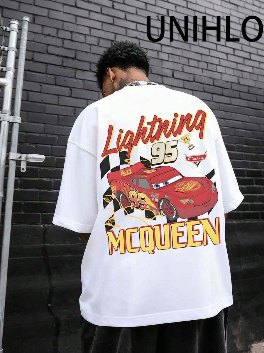 Disney Racing McQueen Print  Summer Casual Versatile Pure Cotton T-Shirt Suitable For Any Place - White - View 1