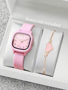 2件套女士硅胶手表，方形表盘，优雅石英腕表+心形手链，时尚休闲（不含手表） - 粉色 - 查看 10