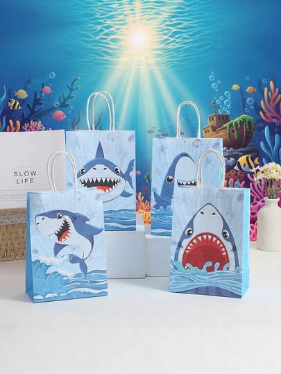 5/10/20pcs Cartoon Shark Theme Gift Bags, Cartoon Theme Tote Bags, Foldable Shopping Bags, Suitable For Celebration Events, Birthday Parties, Club Shopping, Game Packaging, Party Supplies, Gifts For Men And Women, Applicable For Birthday Parties, Back To School, Opening Ceremony, Theme Parties, Children's Day, Festivals, Birthday Gifts, Anniversaries And Shopping, Spring And Summer Gifts, Sturdy Handle Design