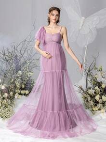 Faeriesty 優雅孕婦心形領洋裝 - 多層網紗裙，適合孕婦攝影、浪漫拍照與家庭聚會 - 藕粉色 - 查看 5