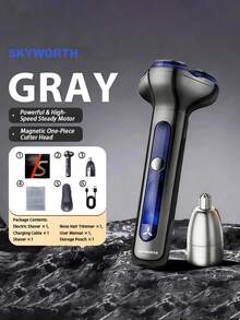 SKYWORTH Men's Electric Shaver With Nose Hair Trimmer, 600mAh Rechargeable Waterproof Rotary Shaver With Nose Hair Trimmer Head, Gift Set - Multicolor - View 13