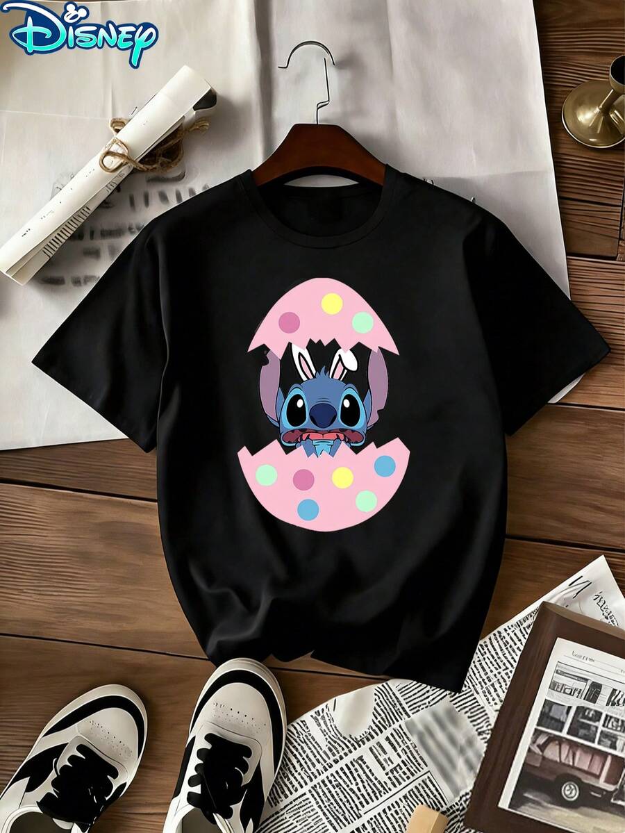 Disney Women's Stitch Easter Bunny Character Short-Sleeved T-Shirt - Pastel Polka Dot Easter Egg Theme Round-Neck Top, Soft Cotton Breathable Fabric, Casual Daily Wear, Suitable For Easter Gatherings - màu đen - Xem 1