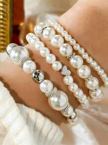 4pcs/Set Heart-Shaped Faux Pearl Bracelet Set For Women - Multicolor - View 7