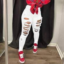 Jeans casuales y versátiles para uso diario de mujer con bolsillos y diseño desgastado con botones, color blanco para primavera - Blanco - Ver 4