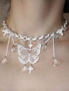 1pc 2026 New Spring/Summer Butterfly Tassel Cross Star Geometric Pendant Necklace, White Acrylic Resin Natural Stone Faux Crystal Metal, Women's Y2K Fashion Party Jewelry - Multicolor - View 1