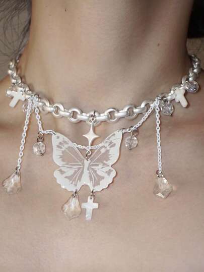 1件 2026 新款春夏蝴蝶流苏十字星几何吊坠项链，白色亚克力树脂天然石仿水晶金属，女士 Y2K 时尚派对首饰