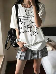 2026夏季新款女式圆领休闲宽松英文印花图案T恤，百搭日常学院风短袖T恤，1件装 - 白色 - 查看 1